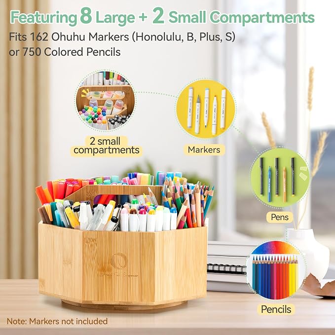 Ohuhu Rotating Marker Organizer for Alcohol Markers, 360° Rotating Bamboo Storage Hold 162 Honolulu& B Alcohol Markers, Pens Pencil Holder with 10 Compartments for Home Classroom Office Decor