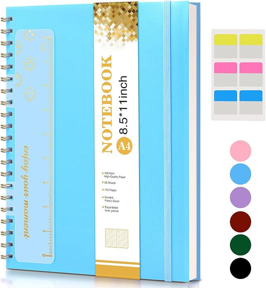 UEBZFOCS Spiral Notebook Journal 8.5” x 11”, Lined Notebooks for Women Men, A4 Large College Ruled Journal, 100 GSM Paper, Plastic Hardcover Spiral Bound Journals for Work School Business, Blue