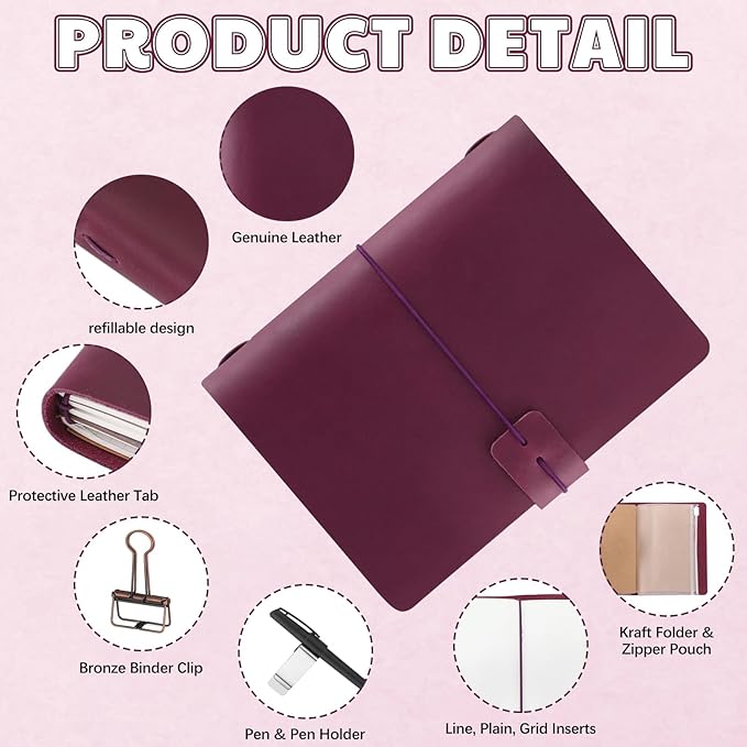 Thenshop Travelers Refillable Leather Journal Notebook Travel Diary Handmade Passport Travelers Journal for Men and Women with 3 Notebook Inserts, Pen Holder, Binder Clip (Purple,Passport Size)
