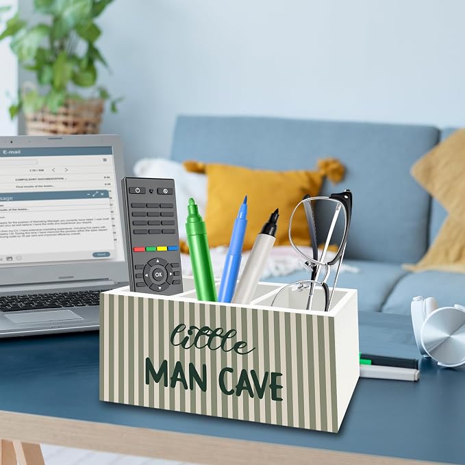 Boy Nursery Decor Pen Pencil Holder Organizer for Desk, Sage Green Striped Little Man Cave Wooden Box Signs Decorations for Kids Boys Room Bedroom Playroom Desk Tabletop, Boys Room Decor