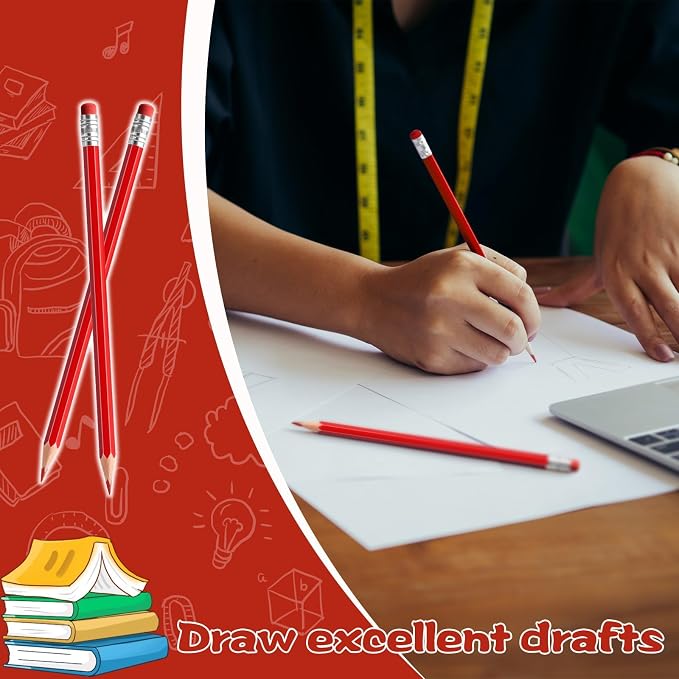 48 PCS Red Pencils Bulk with Eraser, Pre-Sharpened HB Pencils for Writing & Drawing, School Supplies for Kids Homework, Tests, Art Crafts & Teacher Grading (Red)