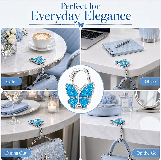 Purse Hook for Table, Foldable Handbag Hanger for Women, Portable Bag Holder with Non-Slip Base, Cute Sequin Blue Butterfly Purse Table Hook for Restaurant Office Travel Gift