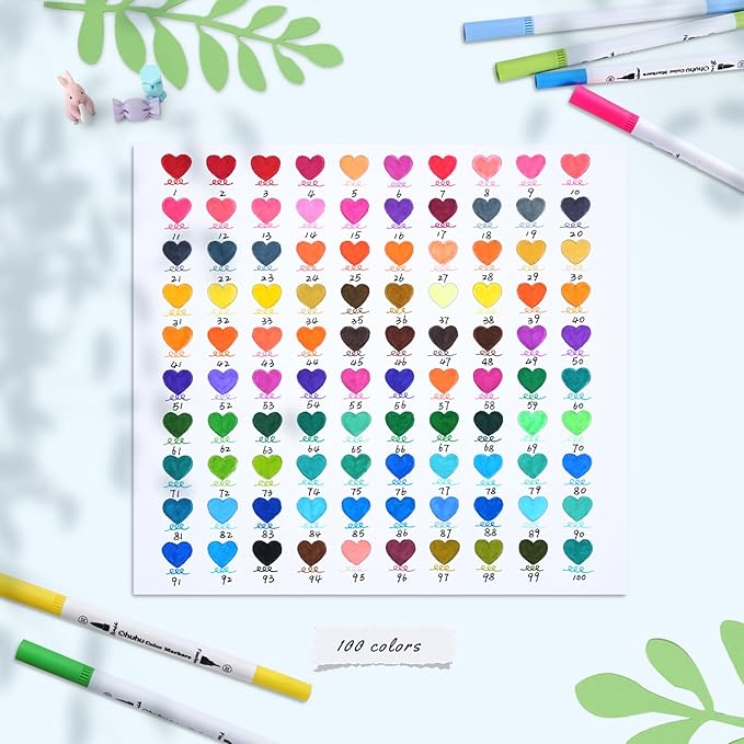 Ohuhu Markers for Adult Coloring Books No Bleeding 100 Colors Coloring Markers Water-based Dual Tips Fineliner & Brush Drawing Pens Art Pens for Kids Adults Sketch Journal - Maui - White