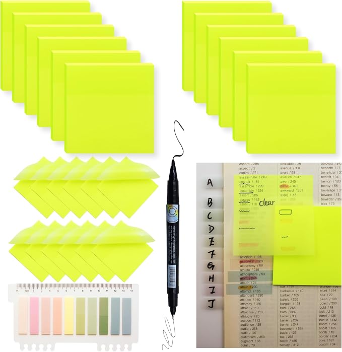 YOUDEFUL 800Pcs Transparent Sticky Notes, Bright Yellow Clear Sticky Notes, 3"x3" Waterproof Translucent Sticky Note Pads, Index Tabs, Clear Post it Notes for Bible Study, See Through Sticky Notes