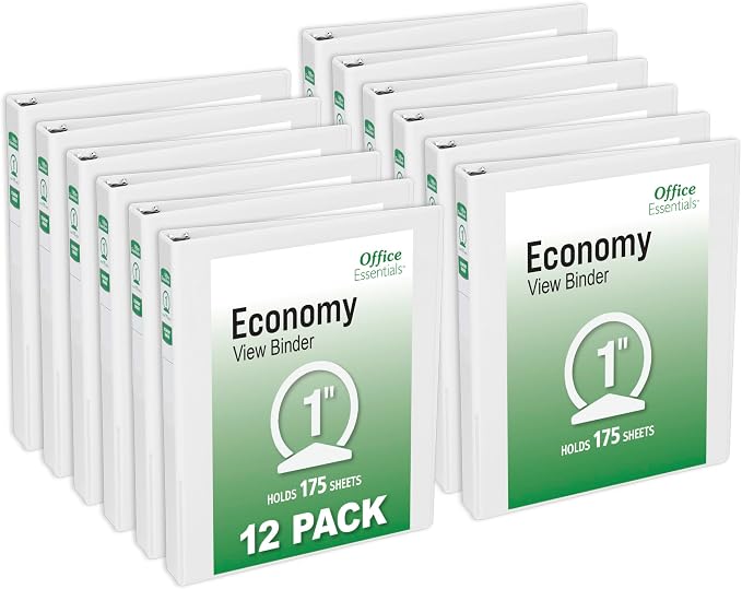 Office Essentials Economy View 3 Ring Binders, 1" Round Rings, 1.4" Spine, 175-Sheet Capacity, White Binders (12-Pack of 03424)