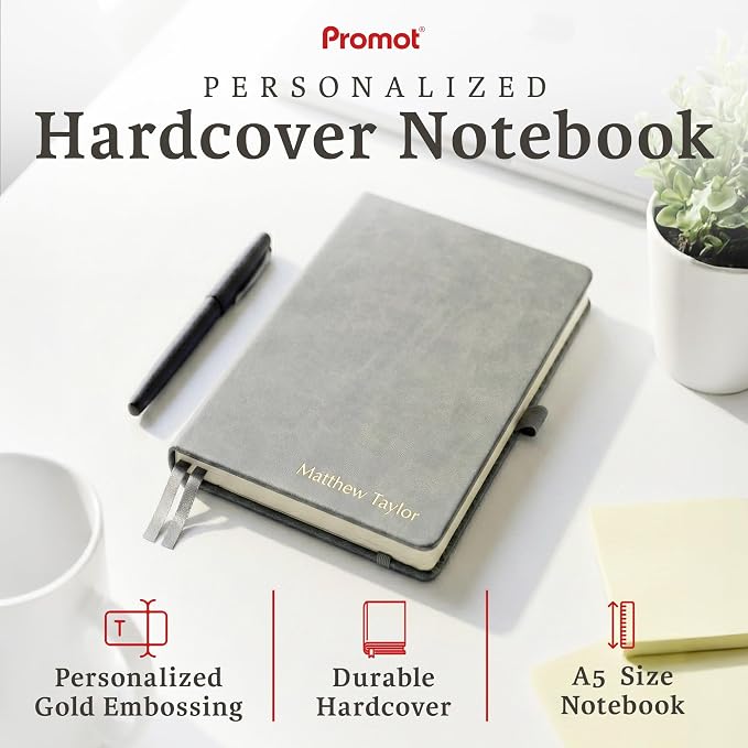 Promot PU Leather Ruled Journal Notebook- Custom Gold Metallic Text (Gray) | Premium Leather-Look Cover, Smooth Lined Writing Pages, Durable Everyday Construction, Lay-Flat Writing Experience