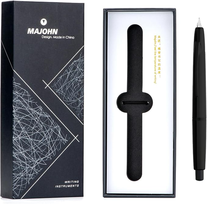 erofa Majohn A2 Retractable Fountain Pen Extra Fine Nib with Box, Press Black Resin Ink Pen with Converter Writing Set (Black Clip Version)