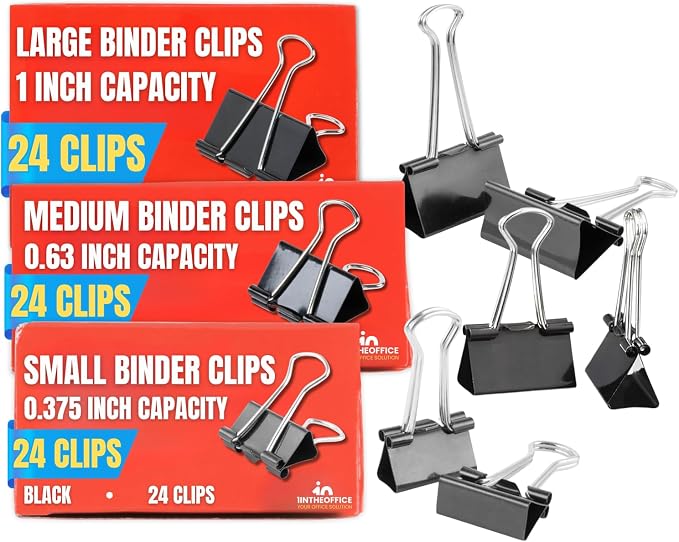 1InTheOffice Binder Clips Assorted Sizes, Paper Clamps, Small 0.75", Medium 1.25", Large 2", Metal, 24 Clips/Size, Black, 72 Pack