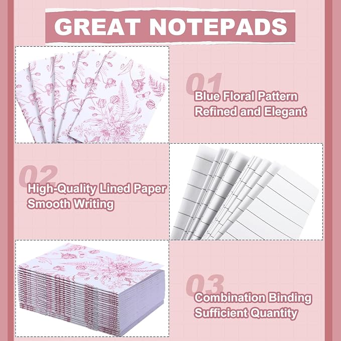 Engrowtic 24 Set Pink and White Floral Mini Notebooks and Ballpoint Pens Chinoiserie Vintage Pocket Notepads Gel Pens Small Journals for Bridal Wedding Baby Shower