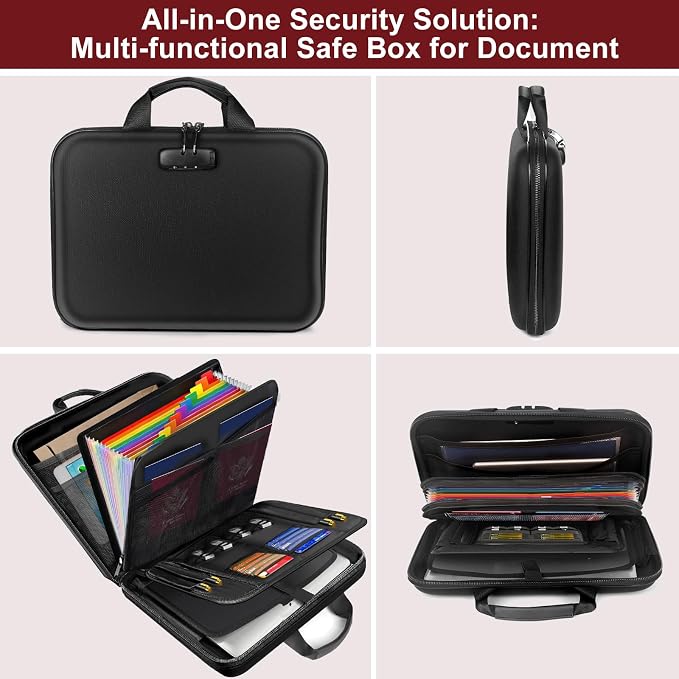 Fireproof Document Organizer with Lock, Hard-Shell Fireproof Document Box with 13 Pocket Accordion File Folder, Portable File Organizer Office Home Travel Safe Storage for Important Documents Laptop