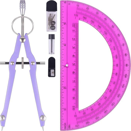 Unjoo Compass and Protractor Set, Math Compass for Geometry (Purple) | Professional Drawing Compass Tool, Metal Compass with Extra Refills, 6 Inch Math Protractors 180 Degree, For School, Office