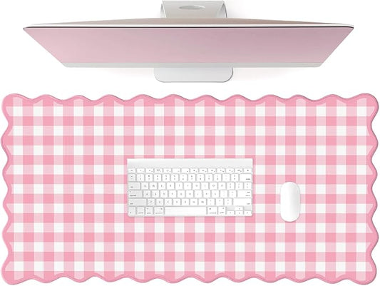 Scalloped‌ Pink Checkered Gingham Desk Mat Cute Pastel Large Mouse Pad Kawaii Cottagecore ‌Vintage‌ Girly Laptop Keyboard Computer Mat Pad Aesthetic Cozy Office Desk Decor for Women