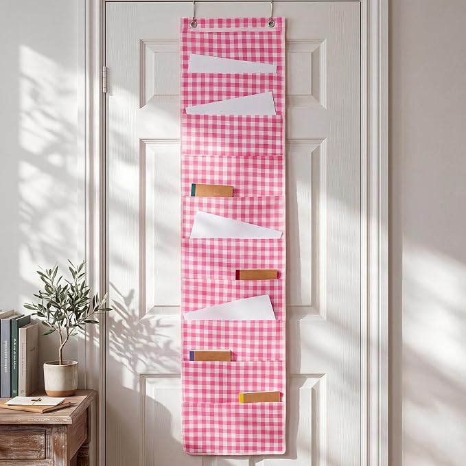 Motimind Pink Plaid 10 Pockets Wall Hanging File Folders File Storage Pocket Chart for Classroom Hanging Wall Organizer with 2 Over The Door Hangers, 58" x 14" for School Classroom Office Home