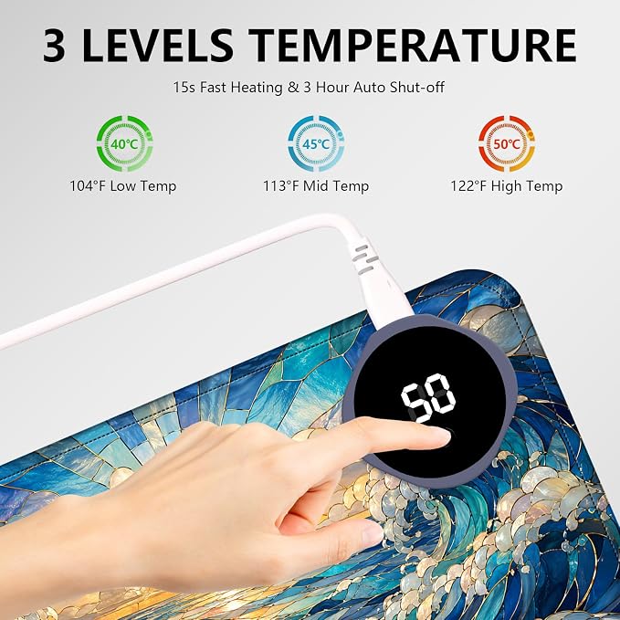 Large Heated Mouse Pad–31.5" x 13" Desk Mat for Office | 3 Adjustable Heat Levels,Auto Shut-Off After 3 Hours for Safety,Keeps Hands Warm While Working，Art Wave