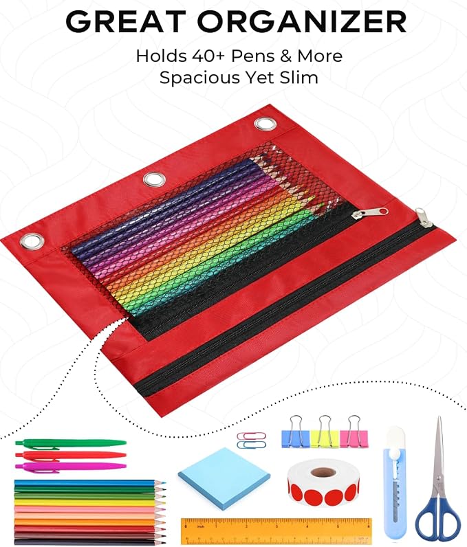 3 Ring Binder Pencil Pouch - Oxford Fabric Pencil Case with 2 Zippered Pockets, Clear Mesh Window Pencil Bag, B5 Size for Office & Travel Supplies (Red)