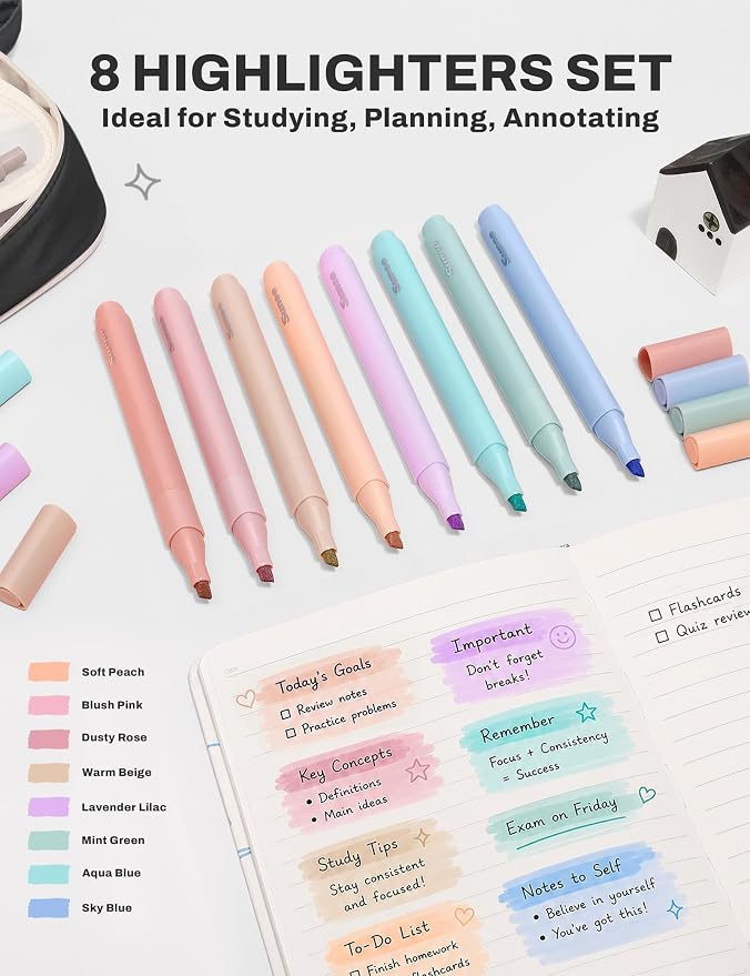SUNEE 35PCS Aesthetic Stationery Set with Cute Pencil Case, Pastel Highlighters, Black Gel Pens, Mechanical Pencils & Refills, College School Supplies for Students Black