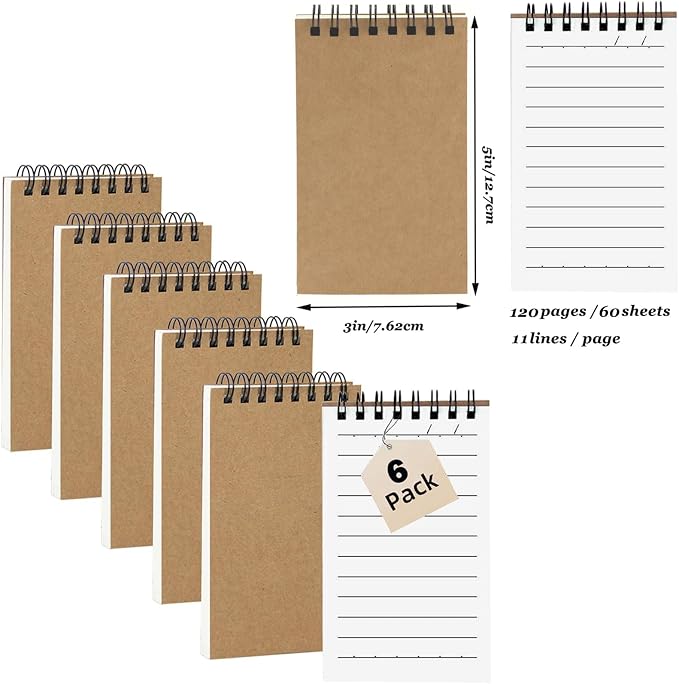 6 Pack Pocket Notebooks, 3x5 Inch 60 Sheets/120 Pages 9MM Wide Ruled‌ Mini Kraft Spiral Notebook, Small Notepads, Top Bound Pocket Size Note Pads With Lined Pages,Memo Pads For Home,School,Office(6)