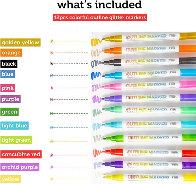 Incraftables Outline Glitter Markers (12 Colors) – Metallic, Double Line Pens, Shimmer Markers for Crafts, Greeting Cards, Drawing