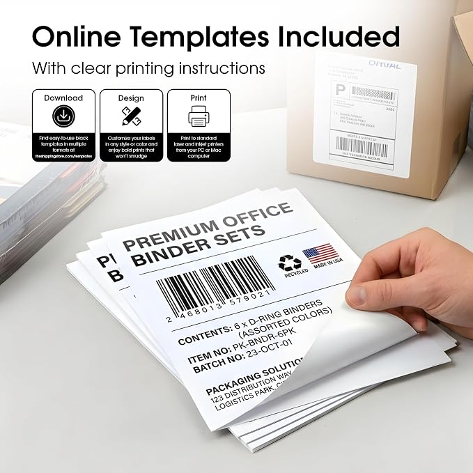 8.5" X 11" Matte White Full Sheet Labels (100 Sheets, 100 Stickers) Printable Sticker Paper for Laser & Inkjet Printers - Spartan Industrial Template R026