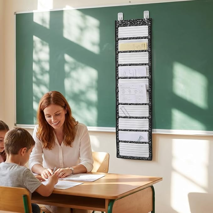 MotiMind Black Spots 10 Pockets Wall Hanging File Folders File Storage Pocket Chart for Classroom Hanging Wall Organizer with 2 Over The Door Hangers, 58" x 14" for School Classroom Office Home