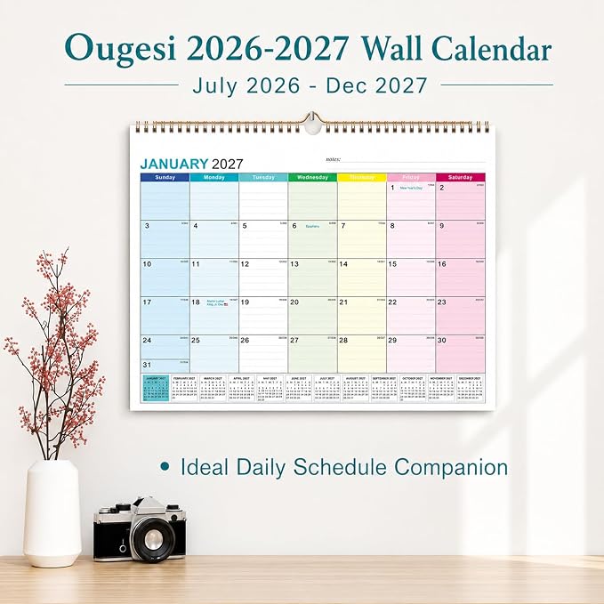 Wall Calendar 2026-2027, 18 Months Academic Calendar, July. 2026 - Dec 2027, 14'' × 11'', Monthly Wall Hanging Calendar with Thick Paper for Office Home (Colorful)