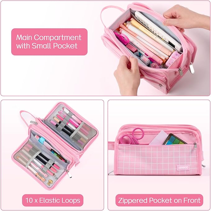 Sooez Large Pencil Case, Big Capacity Pencil Pouch Pen Bag with 3 Compartment, Portable Canvas Stationery Organizer with Zipper, Cute Aesthetic School Supplies for Teen Girls, Sky Blue with Plaid