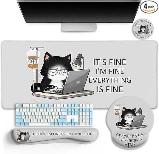 LIMKRIAN Cat Ergonomic Mouse Pad with Wrist Rest Desk Mat Sets Accessories | Cute Mouse Pads for Desk, Gaming Mouse Pad Wrist Support, Keyboard Mat Wrist Rest, Coaster, Funny Office Desk Accessories