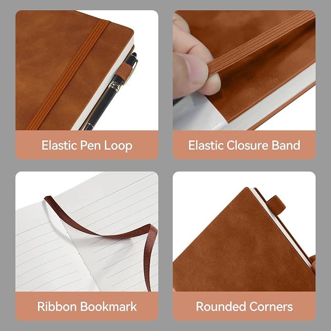 Lined Journal Notebook, 200 Pages, Leather Hardcover Notebooks, A5 College Ruled Thick Classic with Pen Loop Notebook Journals for Writing, for Women Men Office School, 5.75'' X 8.38'', Brown