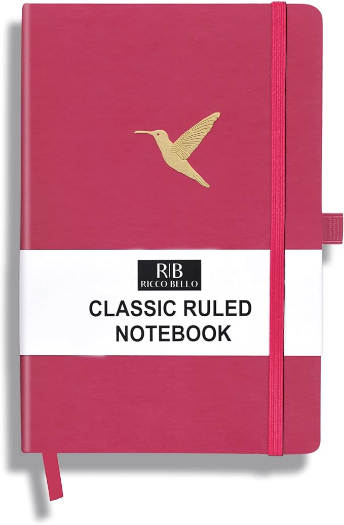 RICCO BELLO Lined Journal Notebook, Hummingbird | Faux Leather Hardcover, With Pen Holder, 96 Sheets / 192 Pages, College Ruled, 5.7 x 8.4 Inches