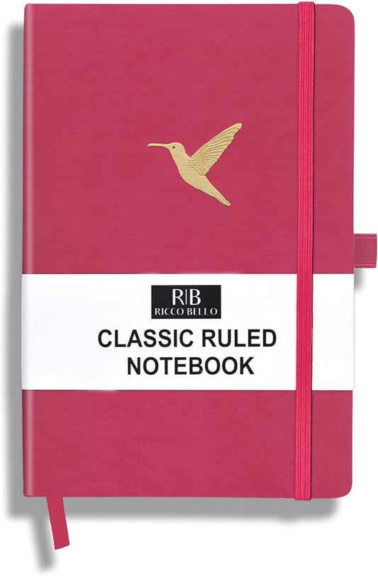 RICCO BELLO Lined Journal Notebook, Hummingbird | Faux Leather Hardcover, With Pen Holder, 96 Sheets / 192 Pages, College Ruled, 5.7 x 8.4 Inches