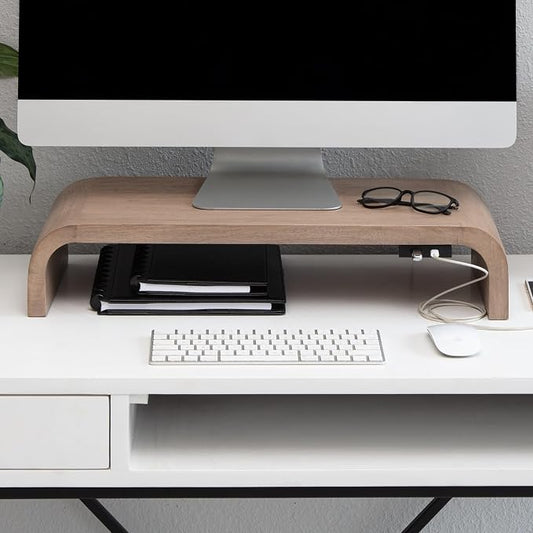 Anji Mountain Wood Monitor Stand Riser Desk Desktop Organizer Table for Home, Office Workspace, Laptop Riser, Ergonomic Design Stand for Gaming Setup, with Power Source, Biscotti