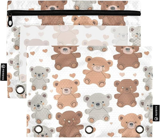 Cute Teddy Bears Pencil Pouch for 3 Ring Binder 2 Pack Zipper Binder Pencil Bag Case with Clear Window Office School Supplies