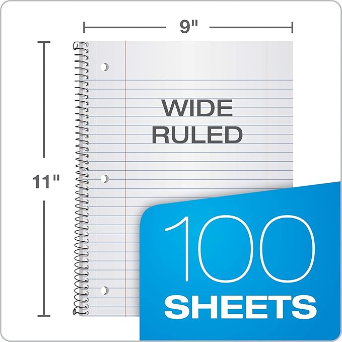Oxford Spiral Notebook 3 Pack, 1 Subject, Wide Rule Journal, Durable Plastic Covers, 1 Pocket, 8.5 x 11 Inches, 100 Sheets, Red, Green, Blue (89802)