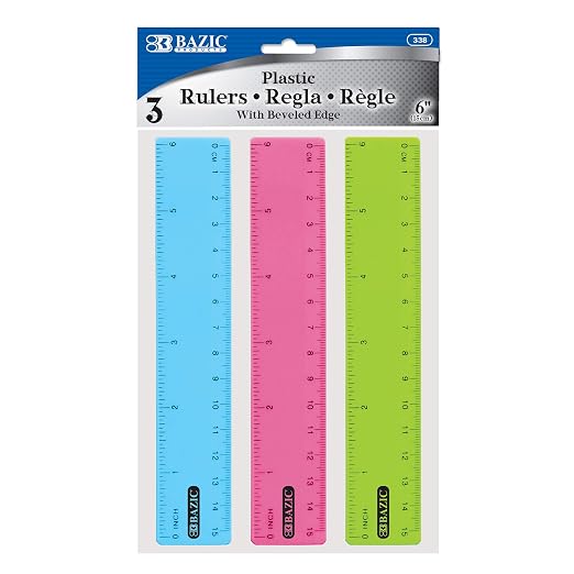 BAZIC Products 6 in Clear Plastic Ruler, Inch & Metric, 3 Pack, 288-Case | Three transparent plastic rulers, 6 in (15 cm), beveled edge and clear inch and centimeter marks