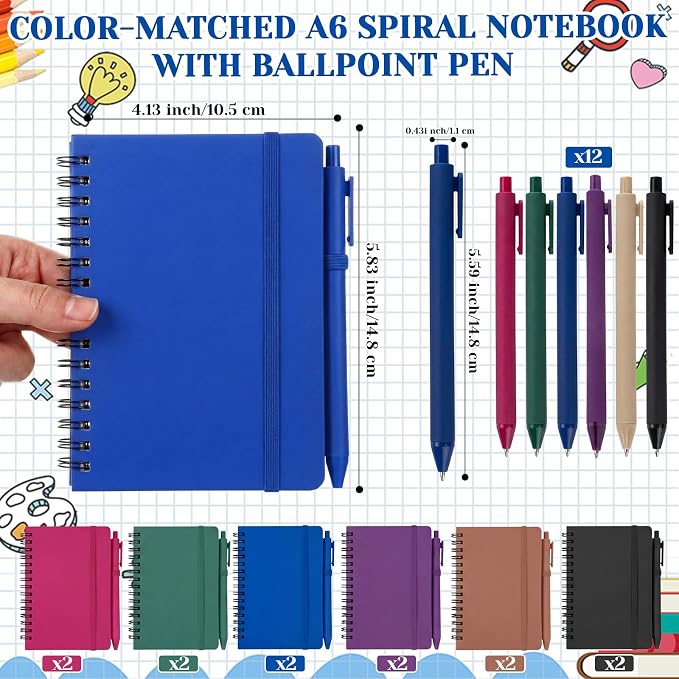 Fulmoon 12 Set Small Spiral Notebooks A6 with Pens Bulk, Multicolor 4" x 6" Pocket Notebooks Mini Lined Journals 50 Sheets for Back to School Supplies Students Rewards Office Gifts (Deep Tones)