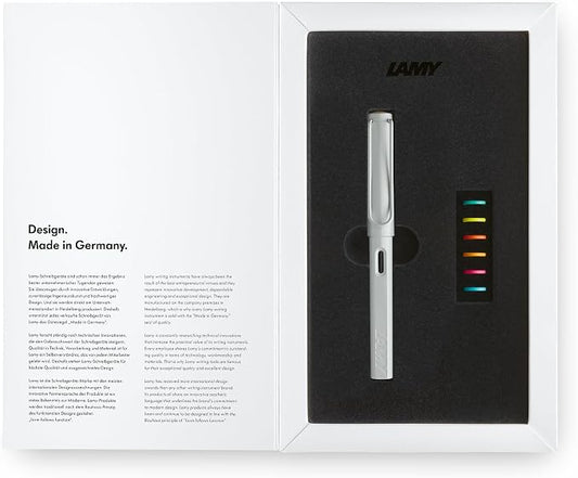 Lamy safari multicolor Fountain Pen Set all white – Special Edition with 6 Interchangeable Colored Rings – Steel Nib in Width M – incl. blue Ink Cartridge T10 & Gift Box