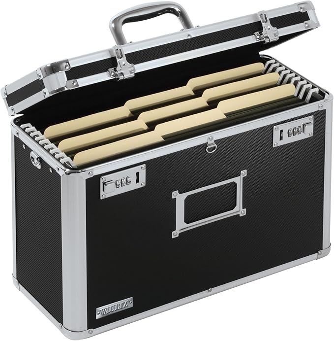 Vaultz File Organizer Storage Box - 14 x 7.25 x 12 Inch Legal Size, Portable Locking Storage Totes with Dual Combination Locks for Filing Office Documents - Black