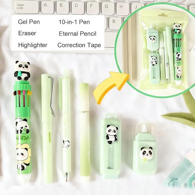 MOZXIRZ 6 Pcs Cute Panda Stationery Set for Women Back to School Supplies Office Supplies Including Gel Ink Pens Ballpoint Pens Pencil Eraser (Panda)