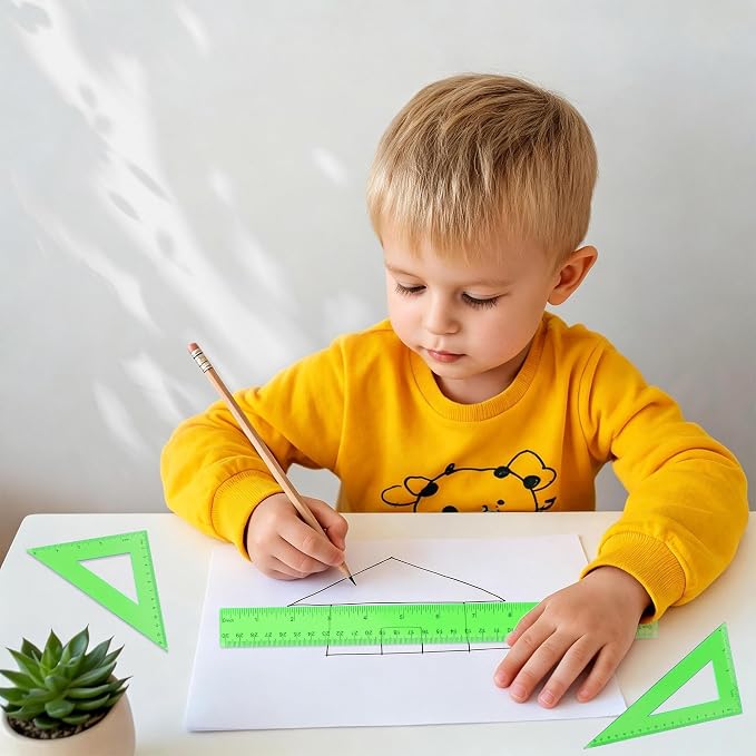 Plastic Clear Ruler Math Set - 6'' 12'' Transparent Straight Ruler, 4'' 6'' Protractor, 30/60 & 45/90 Triangle Ruler, Geometry Math Measuring Tool for School Home Office Drawing Teachers Kids Green