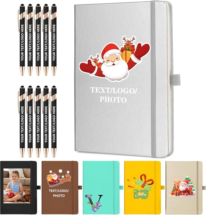 ENOMY Personalized Notebook & 10 PC Pens Gift Set Custom Notebook Journal A5 200 Pages A5 Lined Journal for Men Women Hardcover Notebooks for Work College Graduation Gifts, Silver