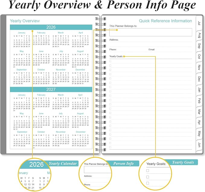 2026-2027 Planner - Planner 2026-2027 from July 2026 - June 2027, Weekly & Monthly Planner Spiral Bound with 12 Monthly Tabs, Inner Pocket, 6.4" x 8.5", Grey-E