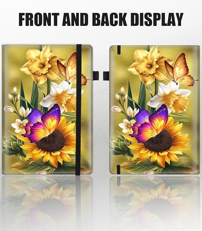 Hardcover Executive Notebooks, A5 PU Leather Lined Journal Notebook, 200 Pages Thick Paper Subject Notebooks for School,Work,Home Writing Business Notebook, Diary Book ，Sunflower Butterfly