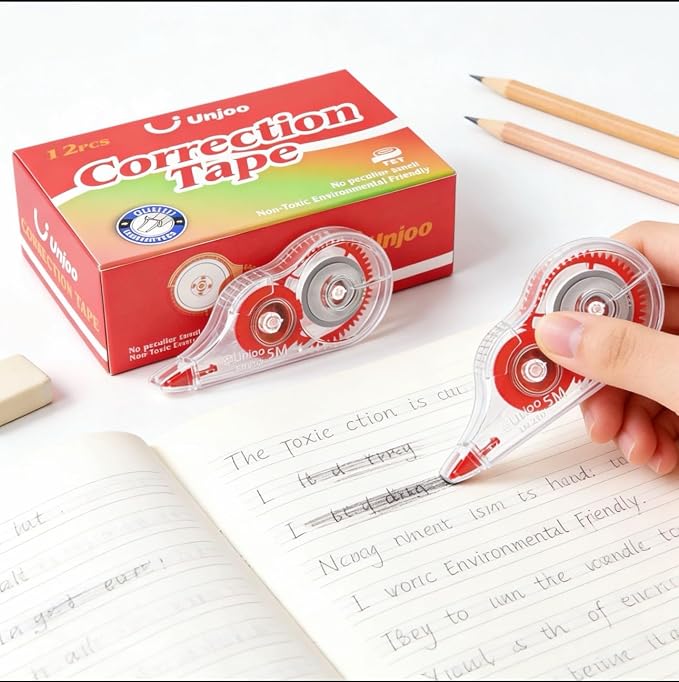 Unjoo White Correction Tape, For school, Office (12pack, 5M/196"x0.2", Red) | Easy To Use Applicator for Instant Corrections Wrong Writing At Any Time, Tear-Resistant Correction tape Bulk