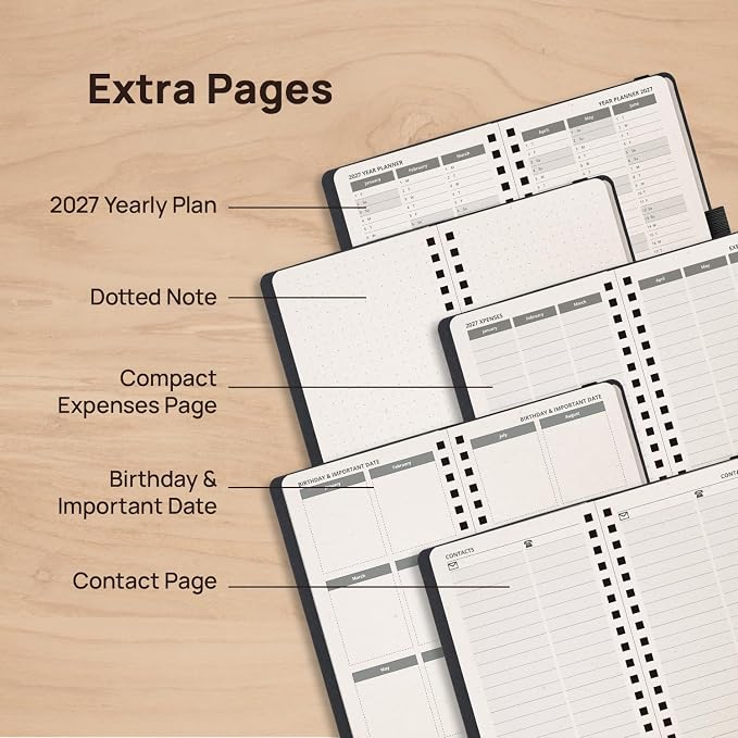 POPRUN 2027 Recycled Pocket Planner (Slim Size 3.5'' x 6.5'') Calendar Book | Weekly and Monthly Planner for Purse with Hourly Time Slots, Italian Regenrated Leather, Spiral Soft Cover - Black Grey