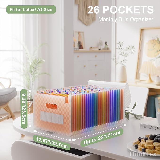 ThinkTex 26 Pockets Expanding File Folders, Accordion File Organizer | Monthly Bill Receipt Documents Organizer, A-Z Colorful Tabs, Letter/A4 Size for Classroom Office Home Hospital - Orange