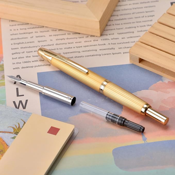 Jinhao 10 Press Fountain Pen with Box, Brushed Matt Gold Retractable Fine Nib with Converter Set (Golden Clip)