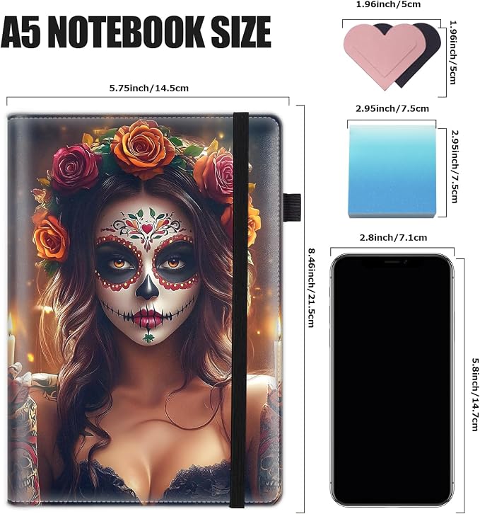 Hardcover Executive Notebooks, A5 PU Leather Lined Journal Notebook, 200 Pages Thick Paper Subject Notebooks for School,Work,Home Writing Business Notebook，Day of The Dead Sugar Skull Woman
