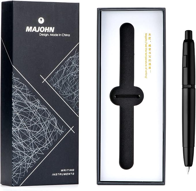 erofa Majohn A1 Press Fountain Pen with Box, Retractable Extra Fine Nib Metal Matte Black Ink Pen with Converter for Writing (No Clip Version)