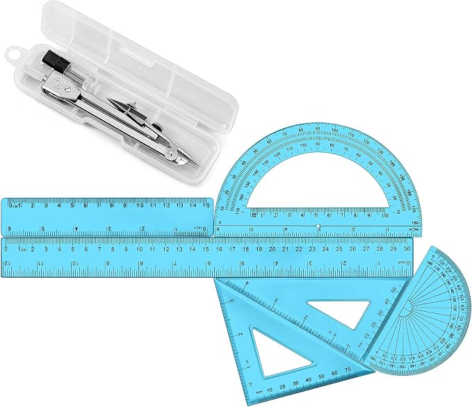Zonon 7‑Piece Geometry Set with Drawing Compass, 6 & 4 Inch Protractors, Triangle Rulers and Straight Rulers, Transparent Math Drafting Supplies for Back to School, Students and Office Use(Blue)