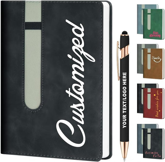 ENOMY Personalized A5 Notebook Set 240 Lined Pages Custom Notebook with 10 PC Pens PU Leather Journal Cover to Business Gift College Birthday Corporate Men & Women, Black